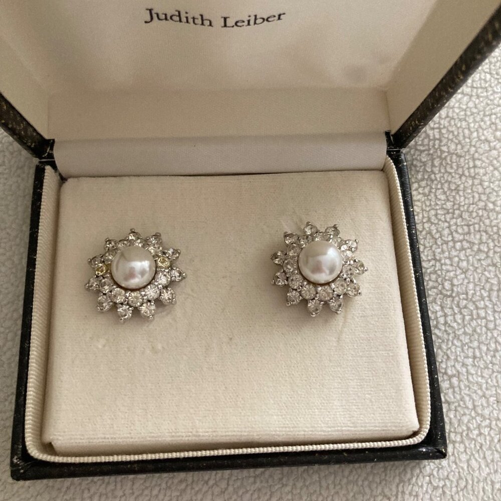 Judith Leiber Vintage Pearl & Crystal Starburst Clip-On Earrings